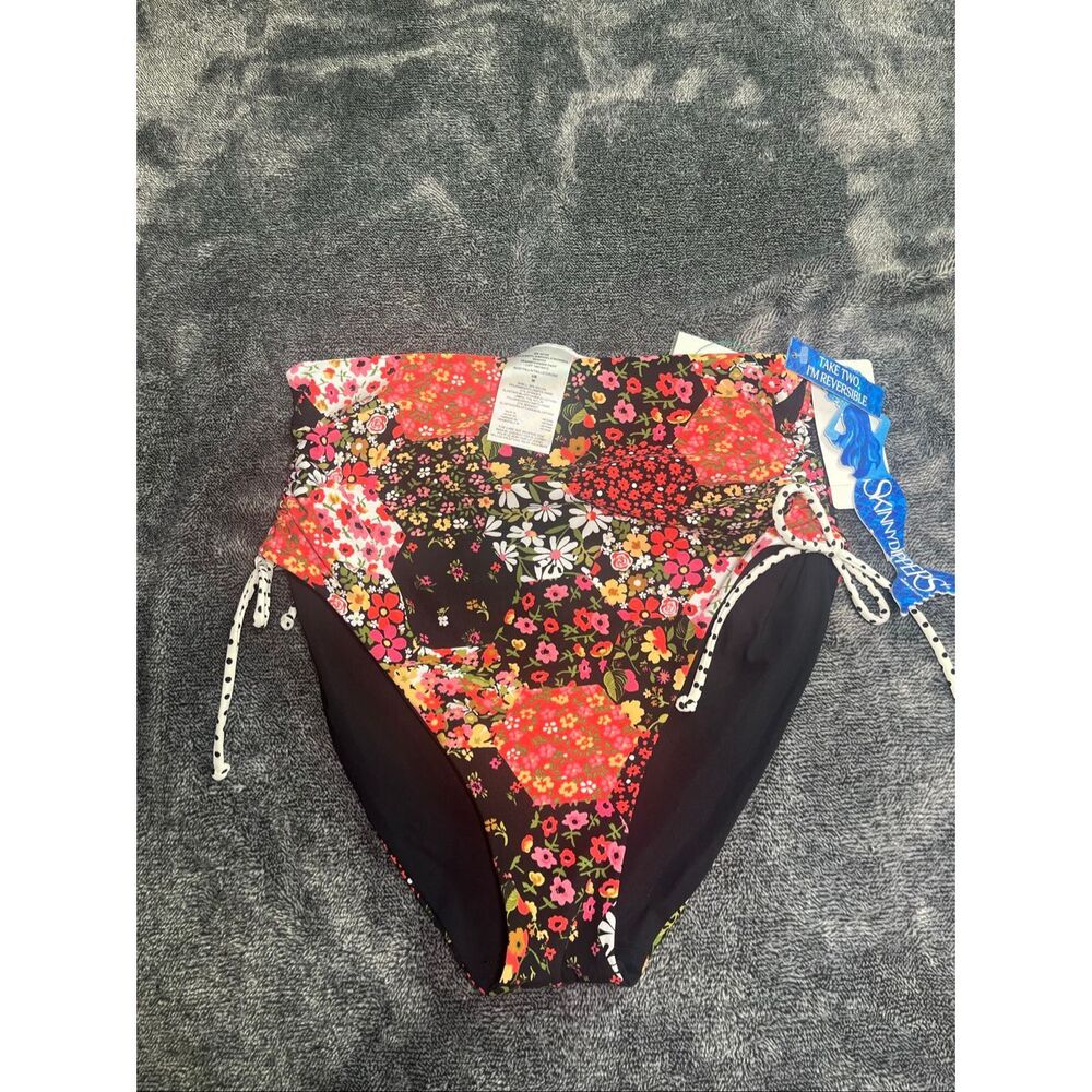 Skinny Dippers Reversible Bikini Bottom Floral Black Ruched Swim Medium NWT